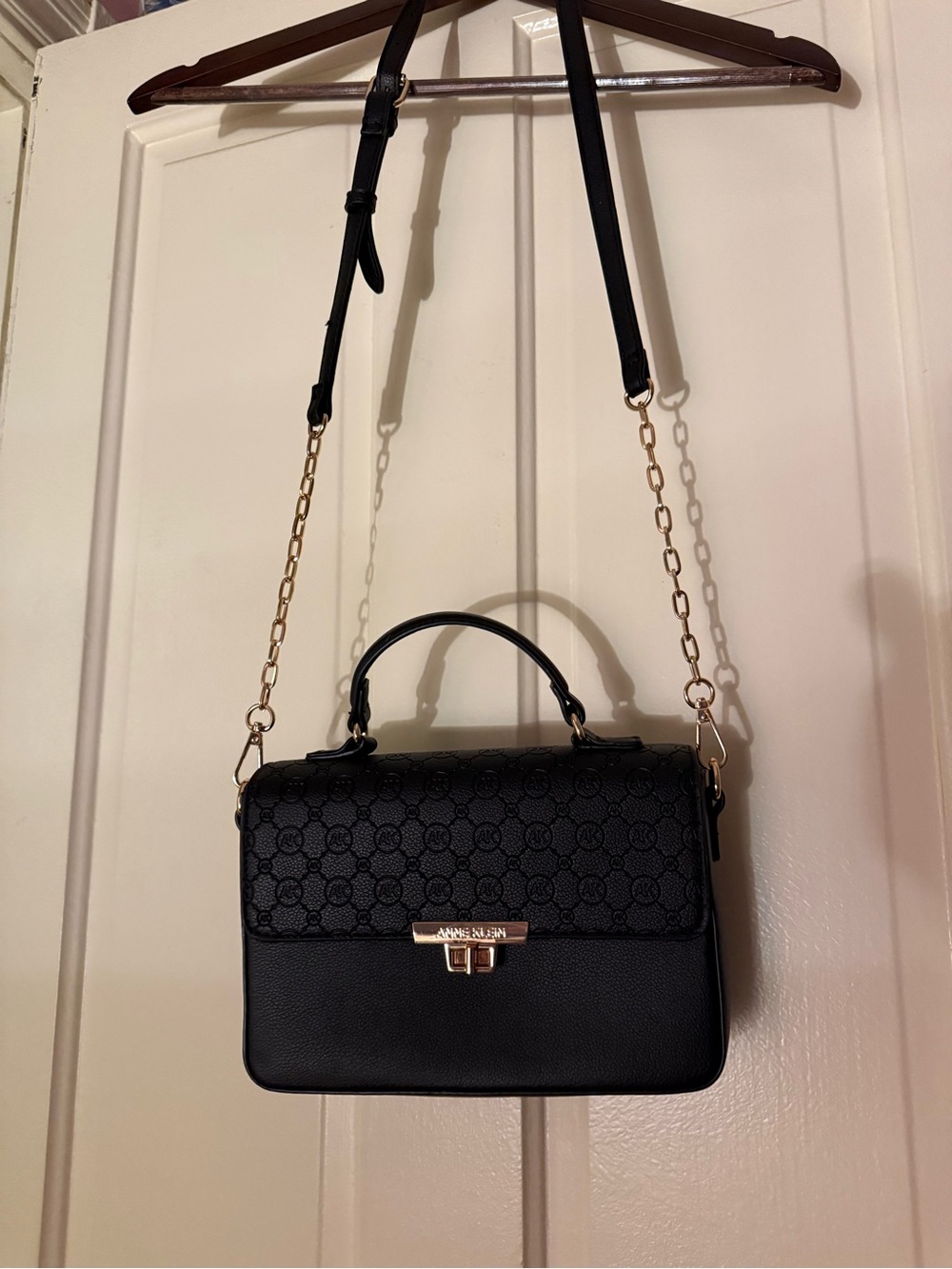 Anne Klein Black Textured Satchel with Gold Chain Strap
